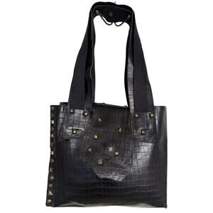 Parlato Pelletterie Italian Croc Embossed Leather Studded Shoulder Bag Black